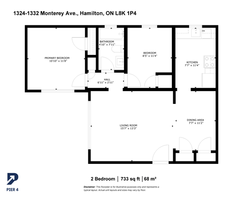 Floor plan for 2 beds, 1 bath, 733 sqft